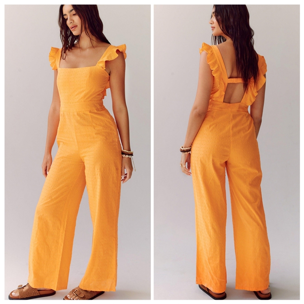 NWT Nasty Gal Dobby Strappy Backless Wide Leg Jumpsuit Orange Size 6 🍊